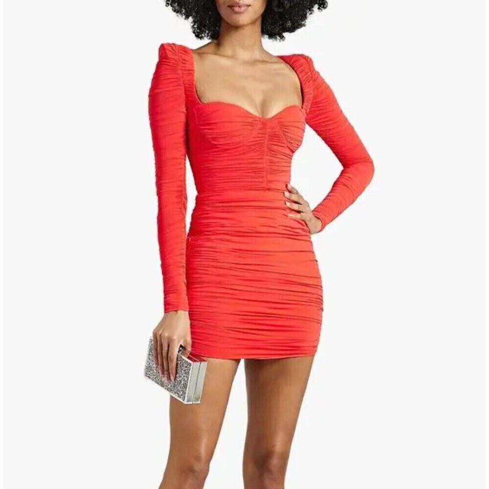 Alex Perry Hollis Ruched Jersey Mini Dress in Red Size UK 8 US 4 Long Sleeve
